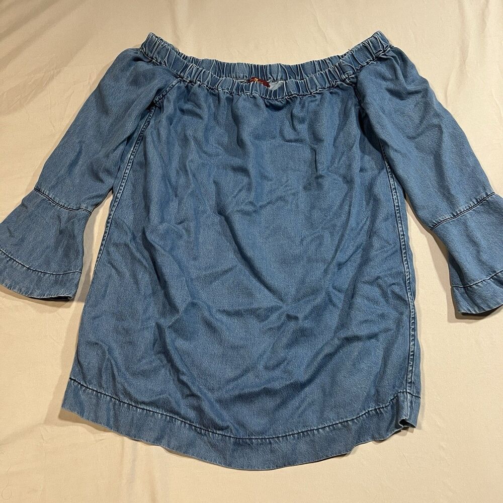 7 For All Mankind Off Shoulder Denim Style Top Bell Sleeves Blue Size M Tunic